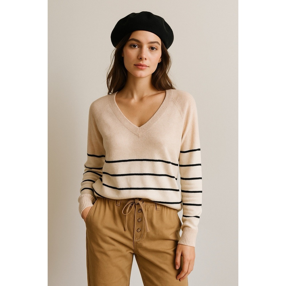 Enza Costa Sweater Womens L Cashmere V Neck Striped Lightweight Quiet Luxury